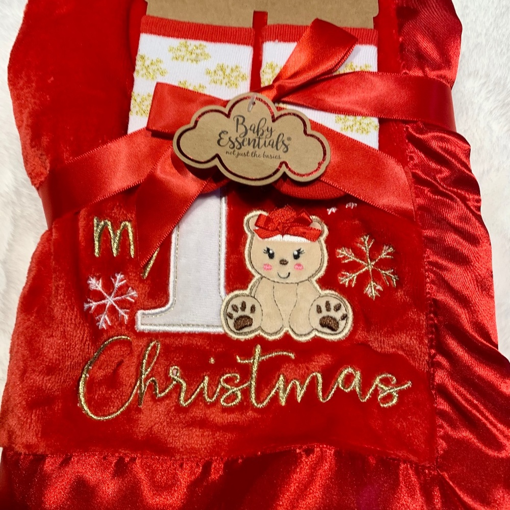 1st Christmas 2 pc Set Blanket and booties